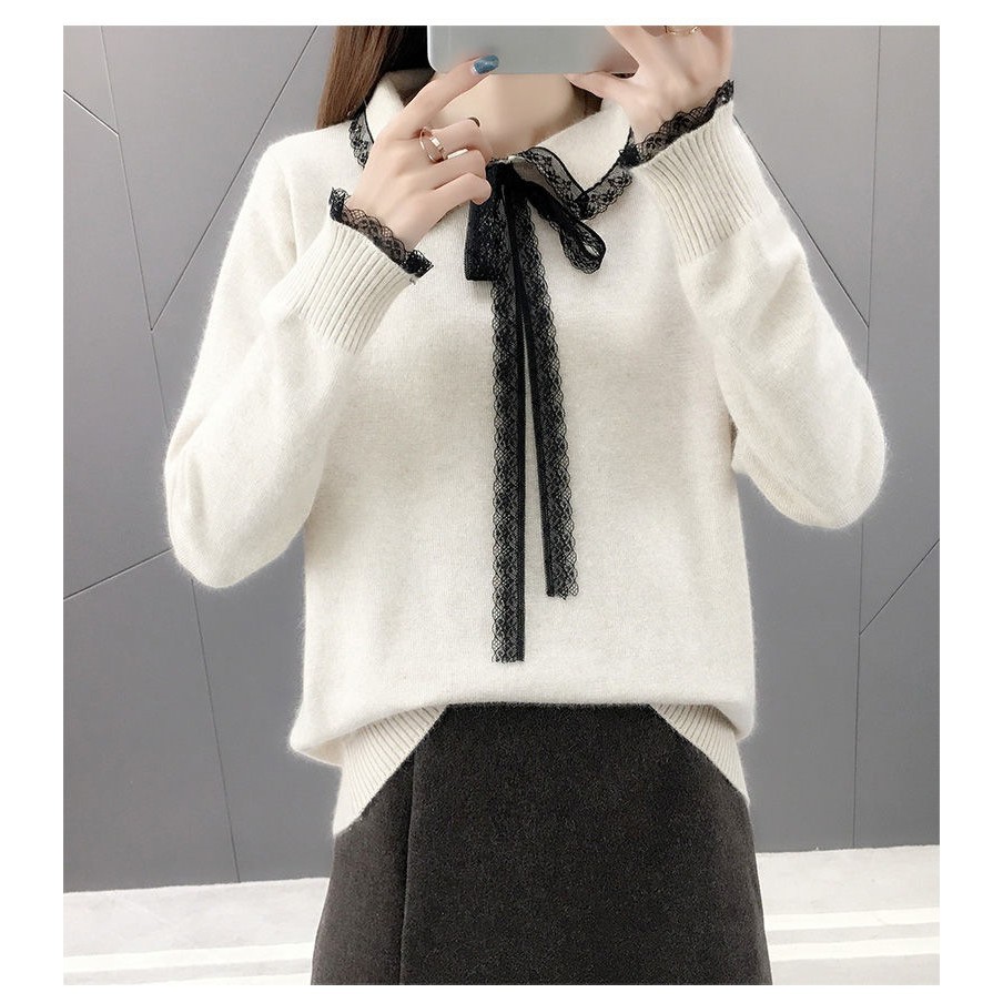 Áo len nữ cổ sơ mi phối nơ đẹp