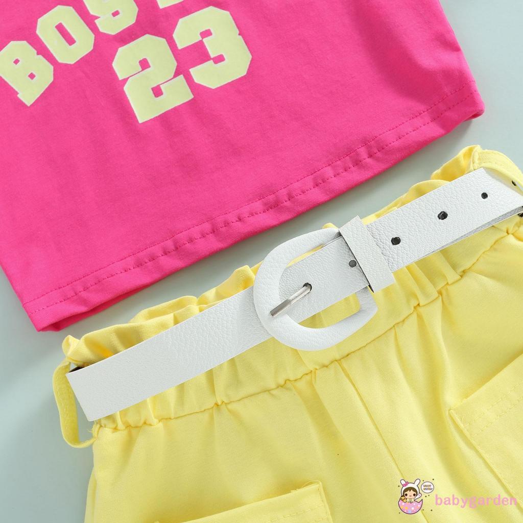 Bộ Áo Tank Top + Quần Short + Thắt Lưng In Chữ Thời Trang Mùa Hè Cho Bé Gái 1-6 Tuổi
