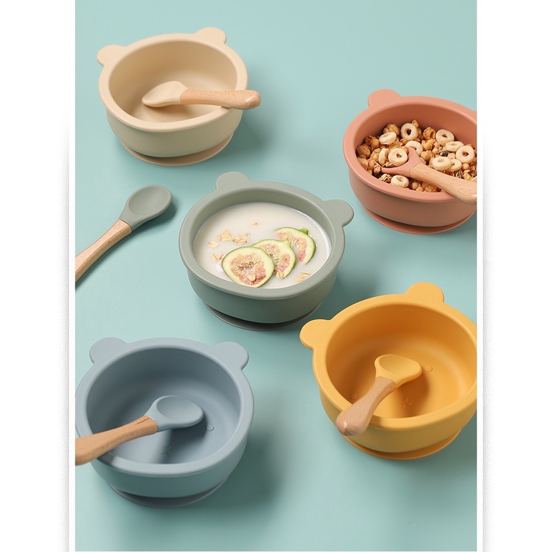 Khay và bát ăn dặm silicone hình gấu có đế trống trượt