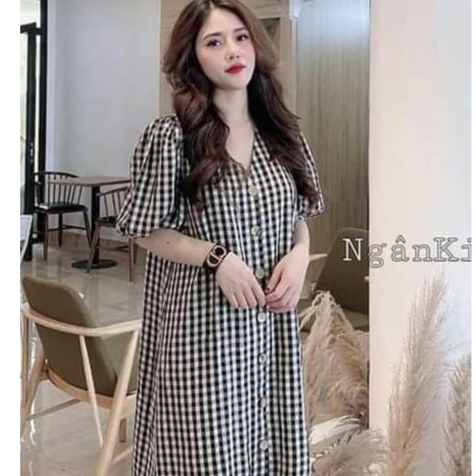 Váy bầu công sở thiết kế dáng xuông cổ tim - chất kẻ thô đẹp