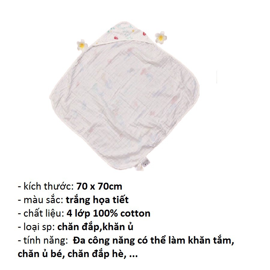 Khăn Choàng tắm, Chăn ủ Xô Aden Anais họa tiết có mũ 4 lớp cho bé sơ sinh Châu Shop