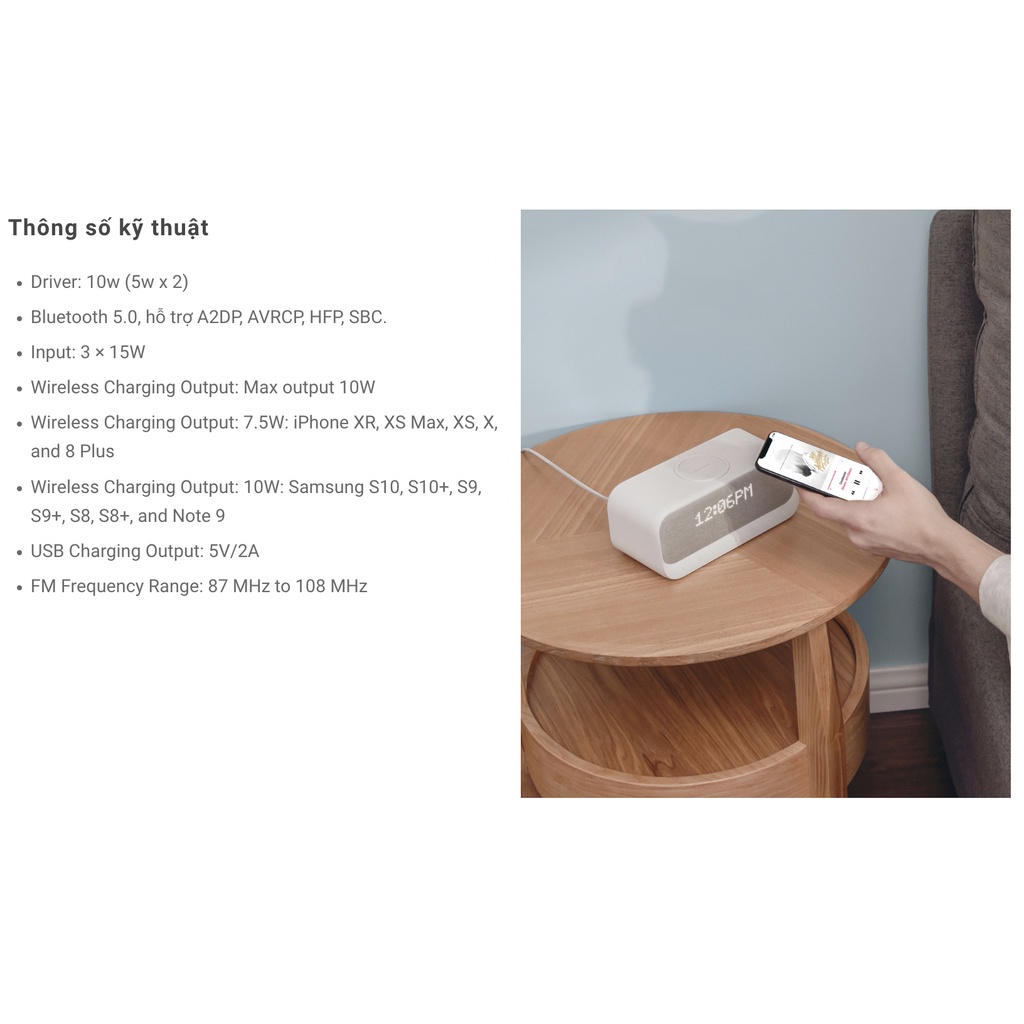 Loa Bluetooth ANKER SOUNDCORE Wakey 10W | Hỗ Trợ Đài FM | Sạc Không Dây | Hiển Thị Giờ - A3300 Chính Hãng
