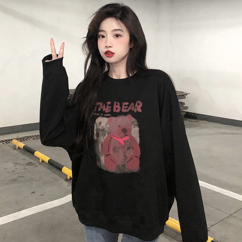 【ZHELIHANGFEI】Áo Thun Sweater Tay Dài Dáng Rộng In Hình Gấu Dễ Phối Đồ
