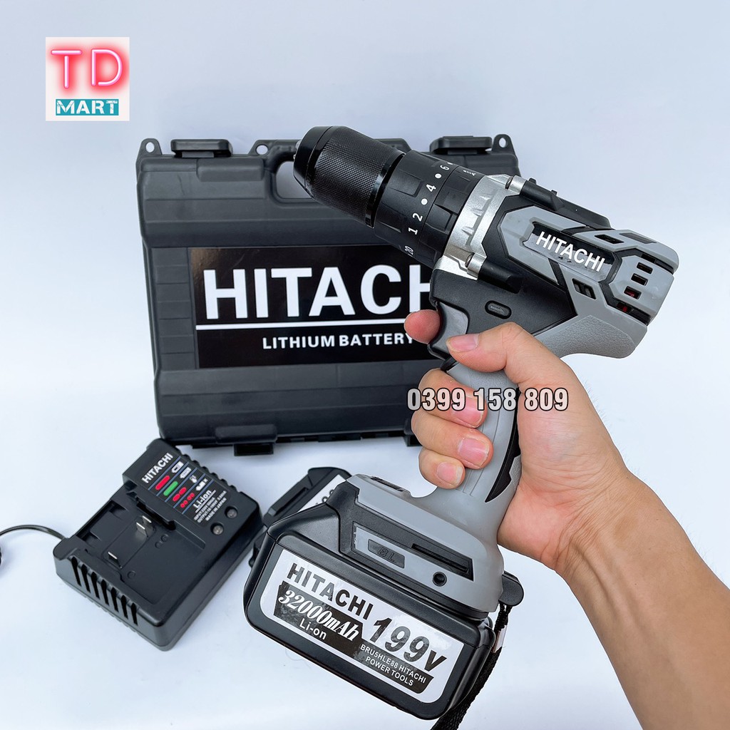 Máy Khoan Pin HITACHI 199V Không Chổi Than, Pin 10CÊLL Tặng Mũi khoan bê tông và mũi vít