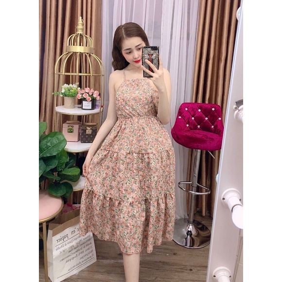 Đầm hoa cổ yếm cột nơ sau lưng có mút kèm hình thật.