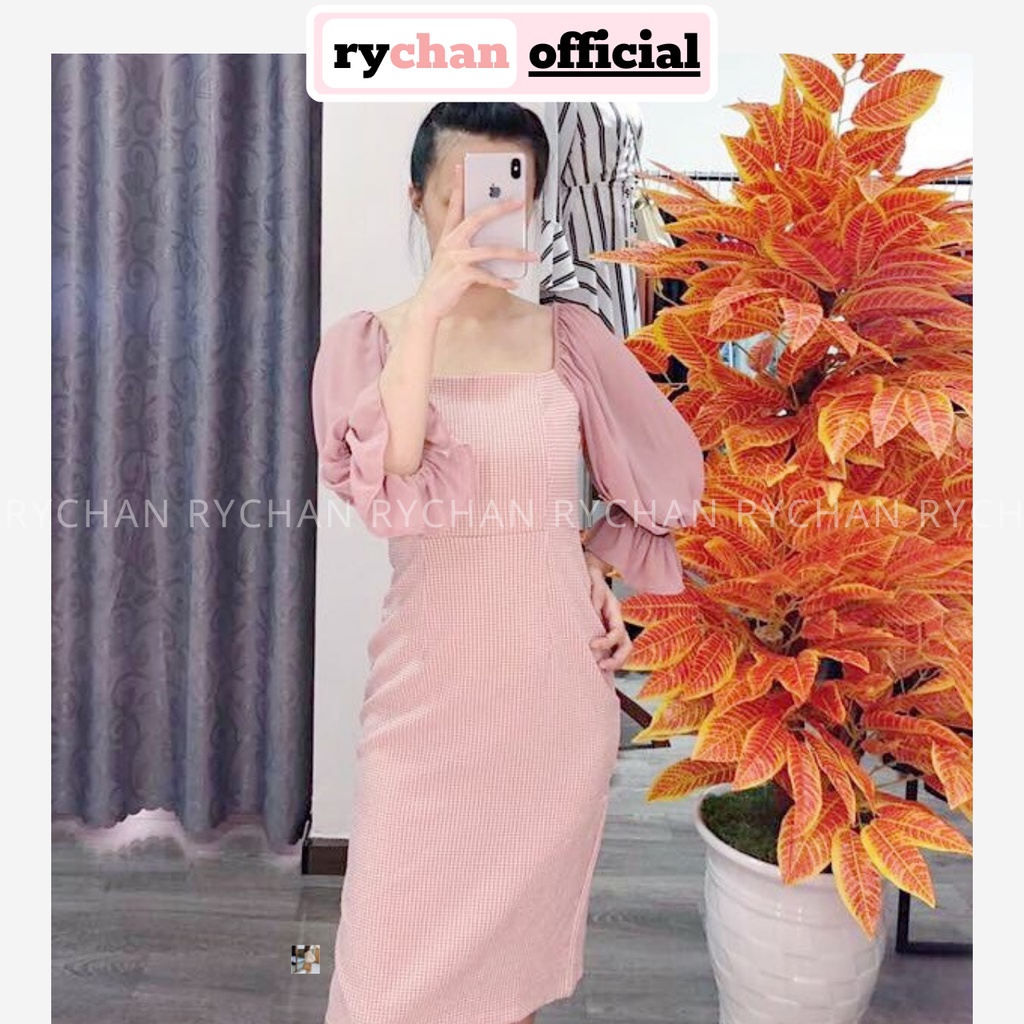 [ẢNH THẬT CUỐI] DO791 - Đầm Ôm Caro Hồng Phối Tay Voan