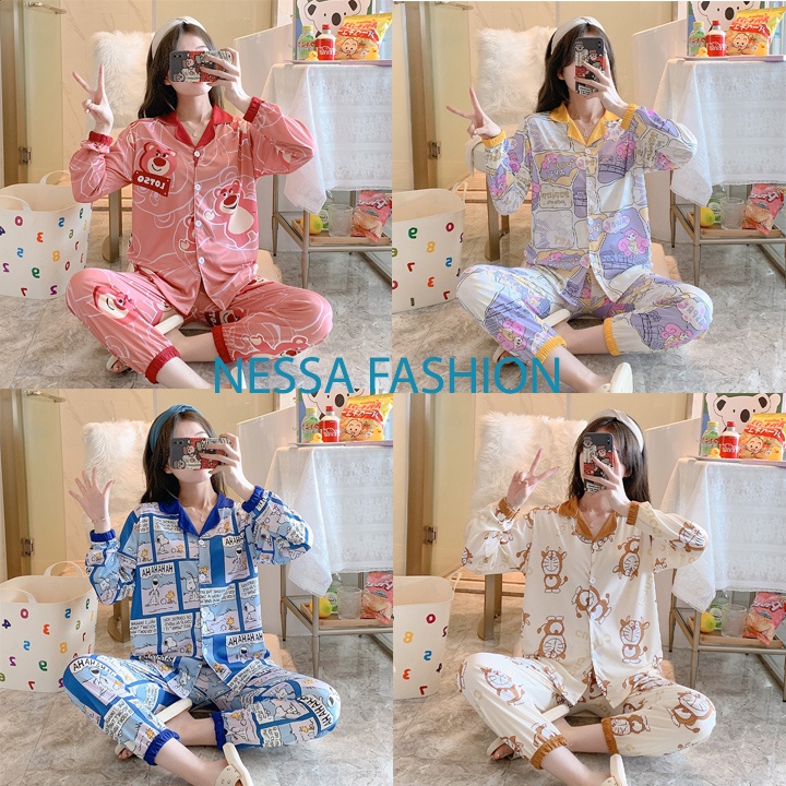 XẢ KHO 50K Bộ Đồ Ngủ Nữ Mặc Nhà Vải Co Giãn 4 Chiều Quần Áo Dài Tay Đi Chơi - Pijama Váy Ở Nhà Mùa Xuân Thu Đông Kute