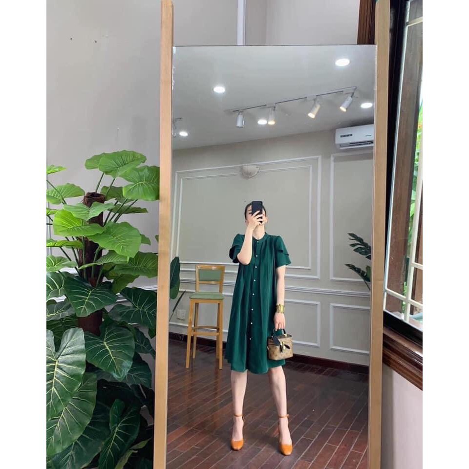 VÁY BẦU SUÔNG DÁNG THỜI TRANG, ĐẦM BẦU CÔNG SỞ CỔ TRỤ TAY CÁNH SEN HÀNG NÚT GIỮA SANG CHẢNH