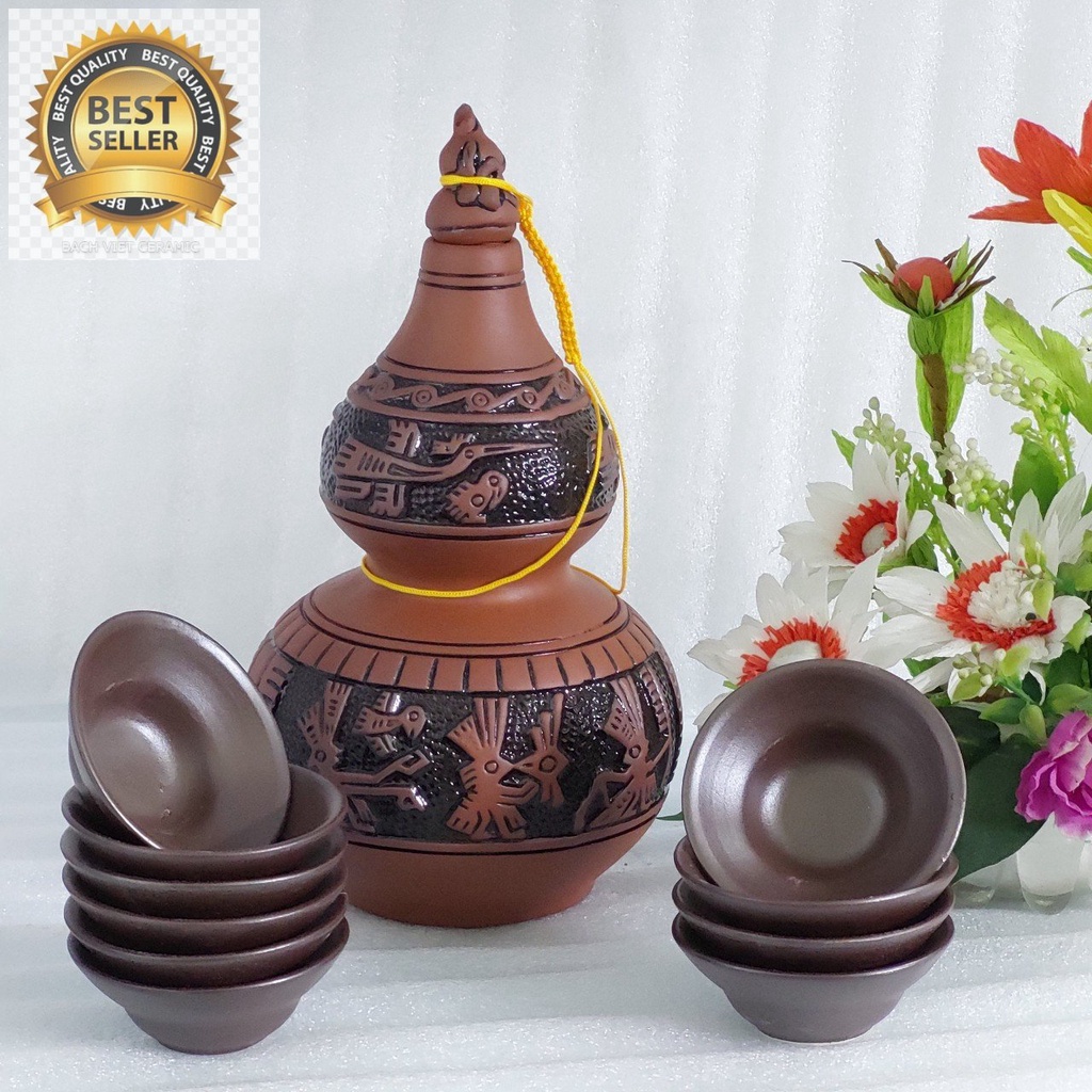 Chai Sành Hồ Lô Thấp Họa Tiết Trống Đồng Dùng Ngâm Riệu Hay Trang Trí Nội Thất Nhà Cửa Đẹp Mắt Sang Trọng