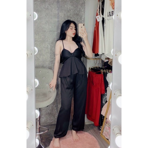 Sét Đồ ngủ lụa satin tầng kèm quần dài dễ thương