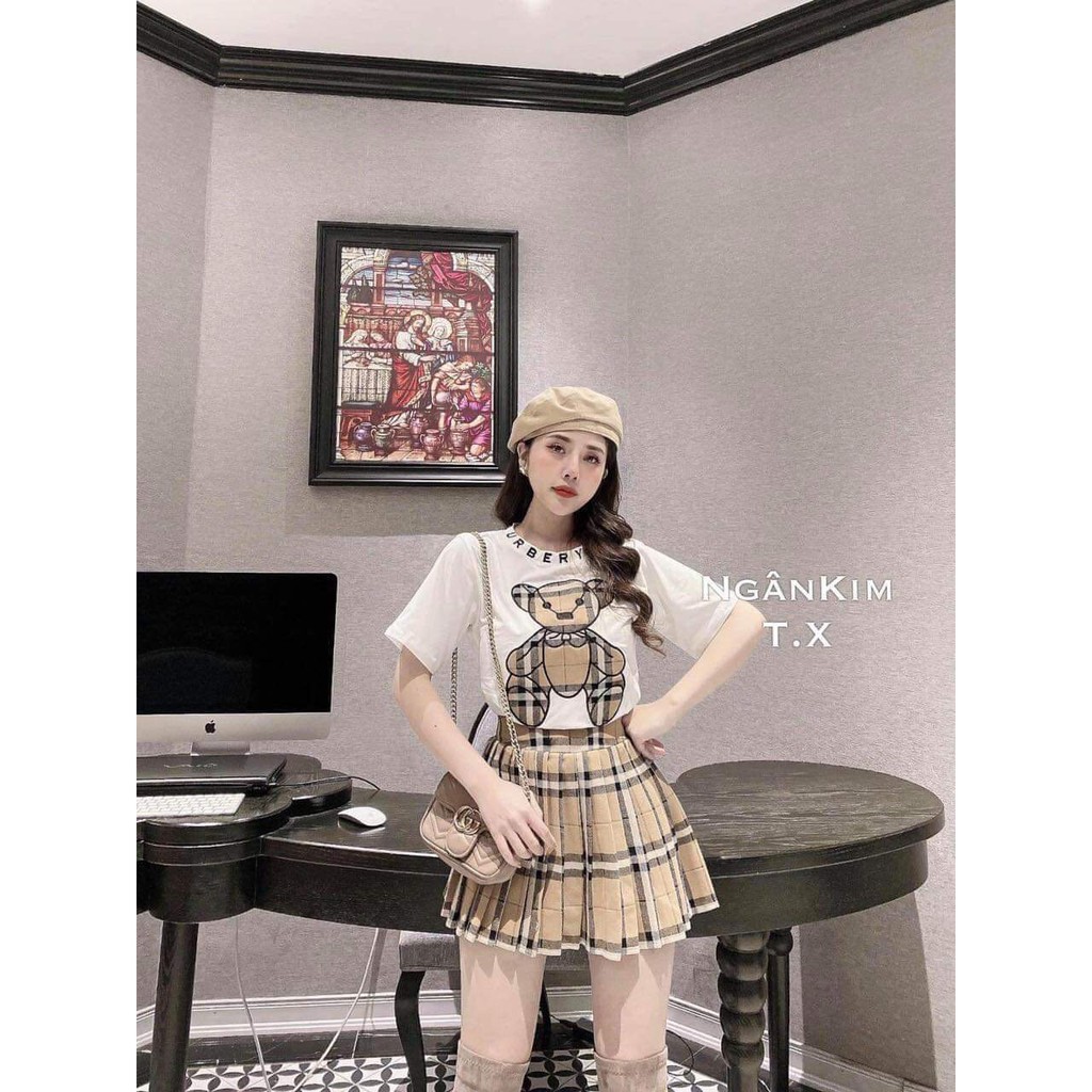 Set áo thun chân váy caro nữ Burberrry- Áo thun nữ 2 màu chân váy ngắn xoè