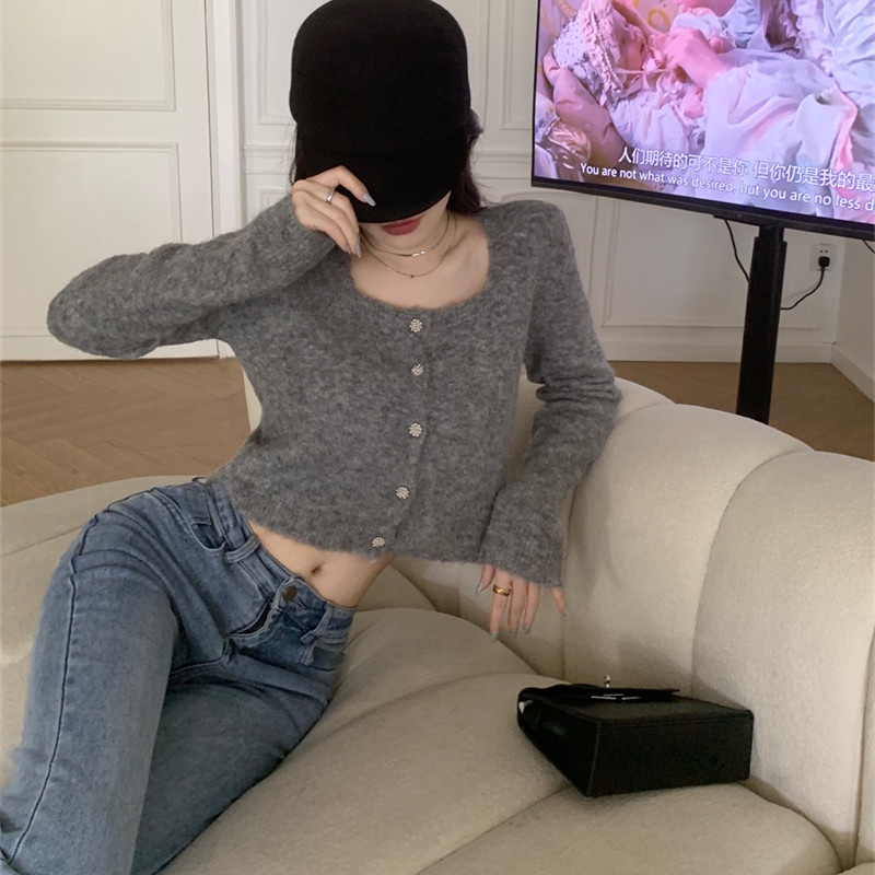 Áo Cardigan Dệt Kim Tay Dài Cổ Vuông Dáng Ôm Thời Trang Cho Nữ