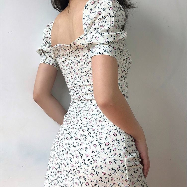 Trend Queen  Ready Stock 2021 New Korean Style Women Fashion Chiffon Square Neck Puff Sleeve Short Sleeve Floral Dress Mini Dresses ready stock new