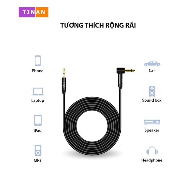 Dây Cáp Âm Thanh 2 Đầu Jack 3.5mm, Một Đầu Vuông 90 Độ, 3 Khấc (2 Vạch), Dùng Kết Nối Điện Thoại Với Loa/ Xe Ô Tô