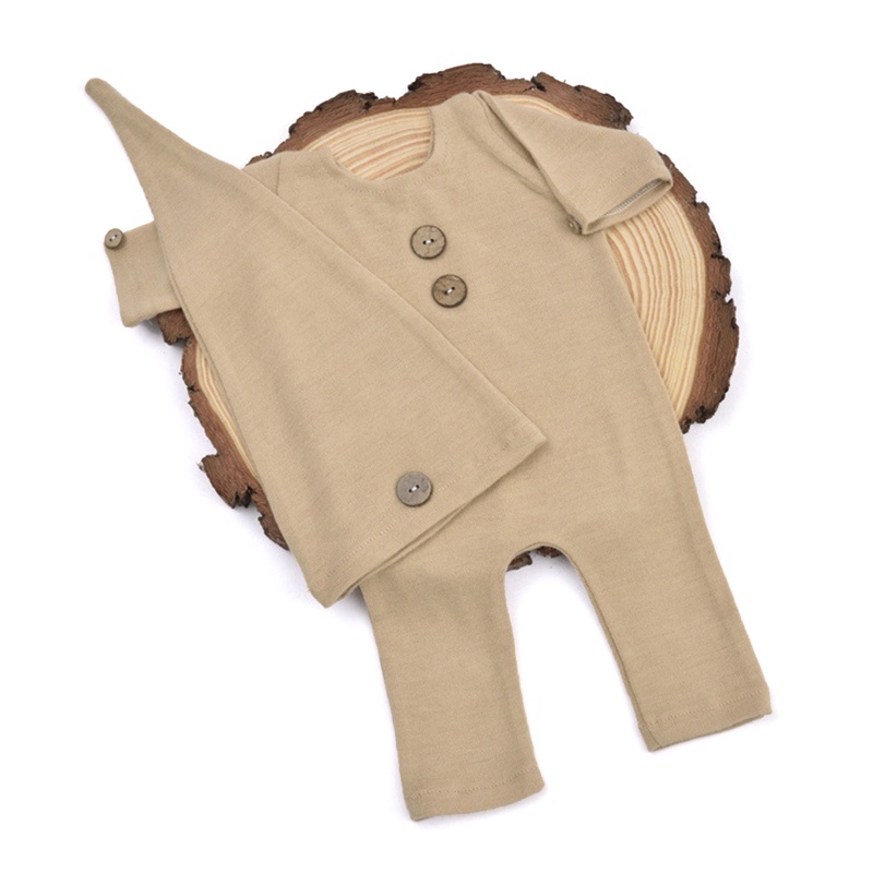 Bộ 2 Món Áo Liền Quần Màu Trơn Cài Nút + Mũ Đuôi Dài + Băng Đô Chụp