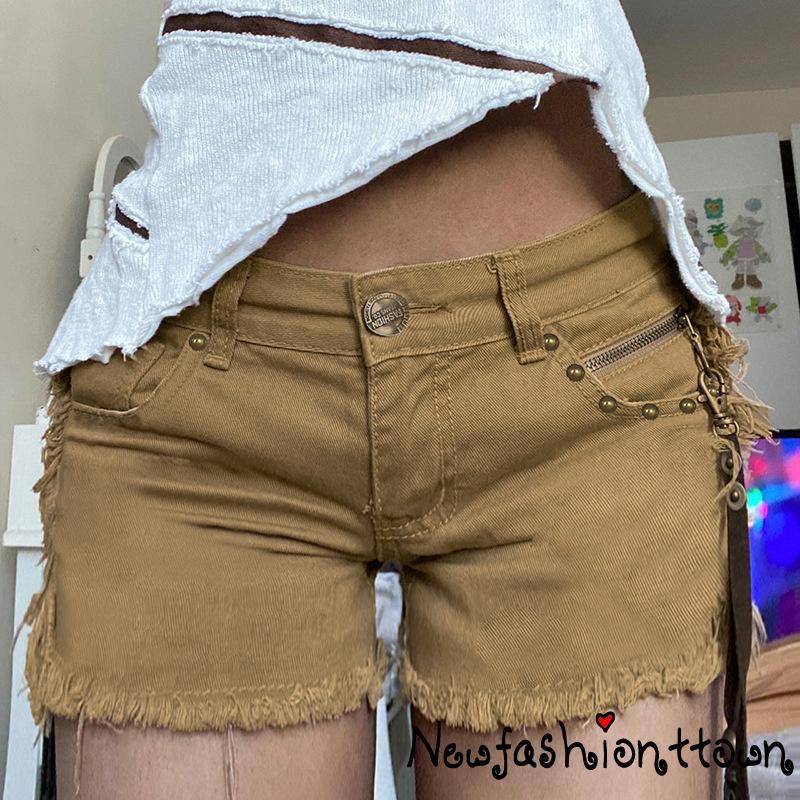 Quần Short Jean Lưng Cao Viền Rách Màu Trơn Phối Rách Phong Cách Punk Thời Trang Mùa Hè Cho Nữ Y2K