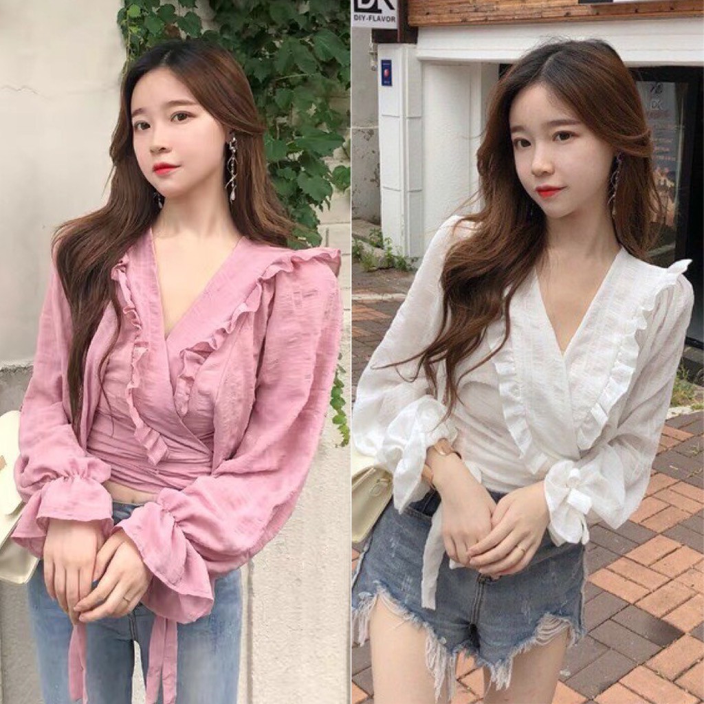 ÁO CROPTOP CỔ BÈO ĐẮP THẮT EO TRẮNG HỒNG