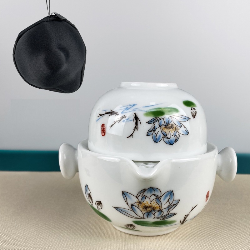 Bộ ấm chén pha trà bằng sứ kèm túi du lịch