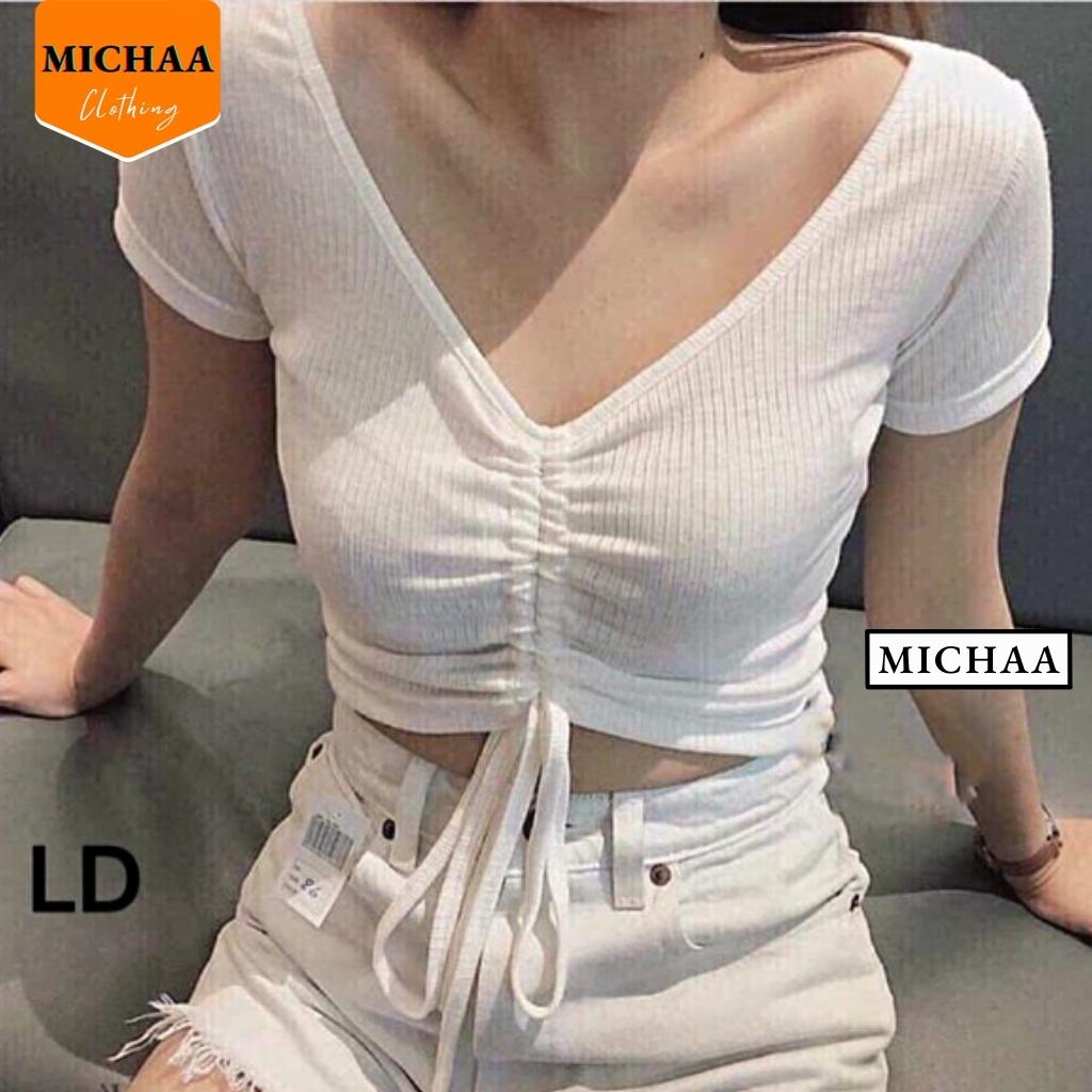 Áo Croptop RÚT DÂY Nữ Tay Ngắn Kiểu Cổ Tim Chất Thun Gân - MICHAA