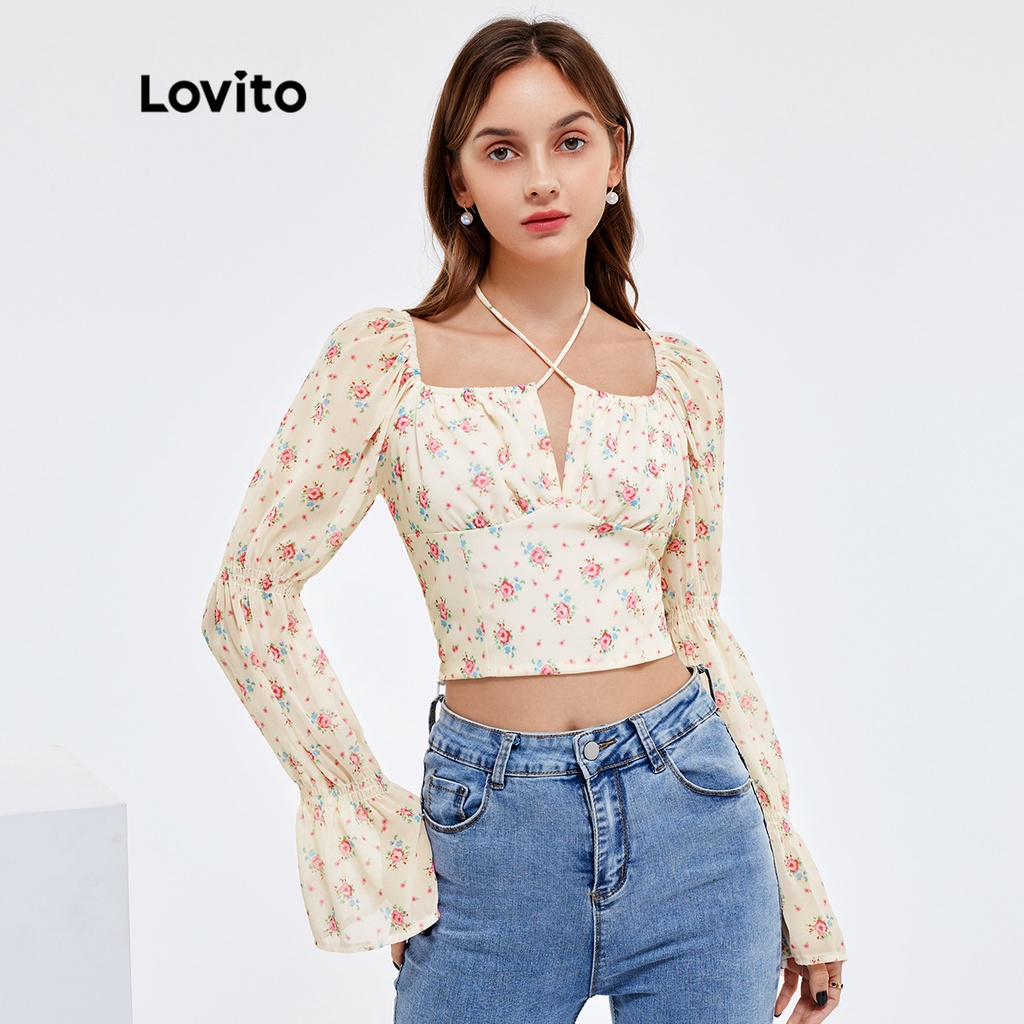 Áo kiểu Lovito họa tiết hoa nhí tay áo Virago phong cách dễ thương L25AD104 (màu trắng ngà)