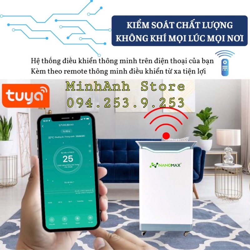 Máy Lọc Không Khí NANOMAX A-01, Bộ Lọc HEPA 4 Lớp Lọc Bụi Mịn, Màn Hình Cảm Ứng Tích Hợp Điện Thoại Thông Minh