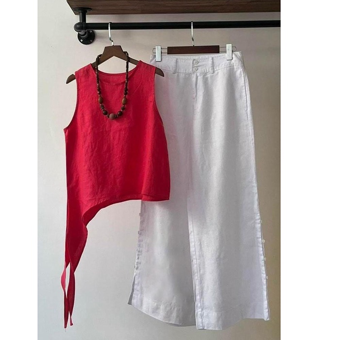 Set bộ linen áo ghile và quần dài trẻ trung , chất vải linen mềm mát, thích hợp du lịch dã ngoại (Áo đỏ + Quần trắng)