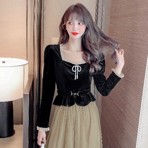 Set Áo Cổ Vuông Dài Tay + Chân Váy Lưới Dài Thời Trang Nữ