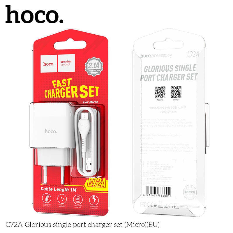Bộ Cóc Sạc Nhanh Hoco C72 2.1A Cổng Micro Có Dây