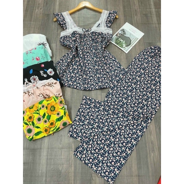 Đồ bộ mặc nhà lụa hàn tay cánh tiên phối ren dễ thương