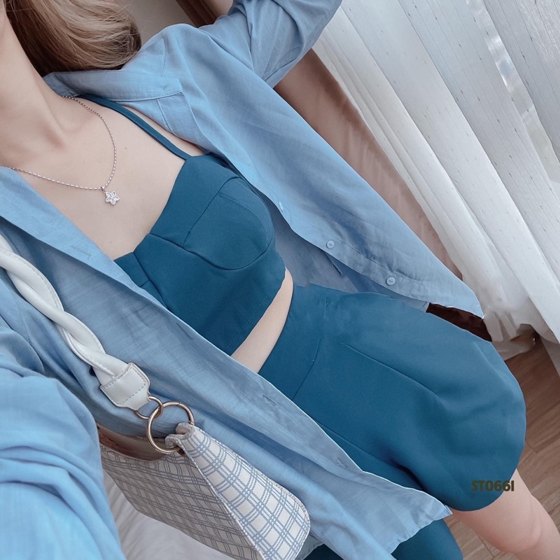 Set áo dây croptop quần short áo khoác sơ mi ngoài 3 món đi chơi, du lich đủ màu sắc