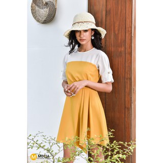 Váy xòe MECIA DK503 – đầm dự tiệc thiết kế vạt chéo cổ tròn, thắt eo phối màu vàng-trắng, chất liệu mềm mịn