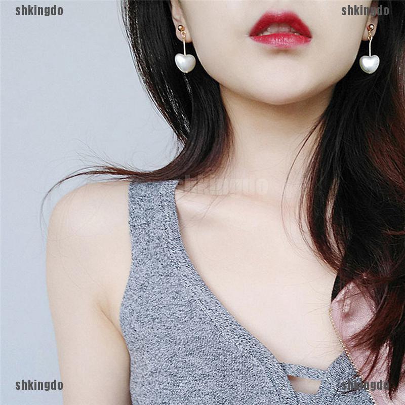 Đôi khuyên tai hợp kim dàng dài kết hạt trai giả hình trái tim thanh lịch và sành điệu cho nữ