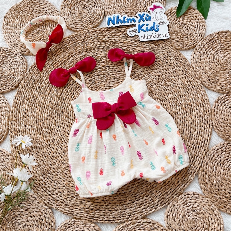 Body 2 Dây Nơ Đỏ Quả Dứa Chất XÔ MUSLIN Cho Bé Gái 3 Đến 12kg