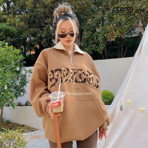 Áo Nỉ Có Khóa Kéo Cổ polo Cỡ Lớn Thêu Họa Tiết Màu Sắc Tương Phản Phong Cách Retro Mỹ Cho Nữ