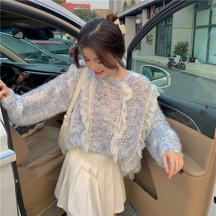 Áo Sweater Dệt Kim Dáng Rộng Phối Ren Thời Trang Mùa Thu Hàng Mới