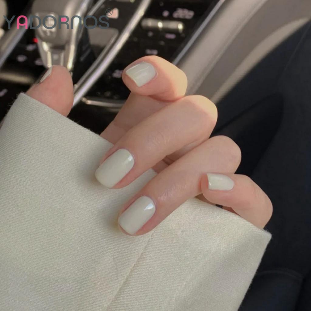 YADORNOS Set 24 móng tay giả dáng ngắn màu trắng trơn bóng phong cách Pháp cho nữ