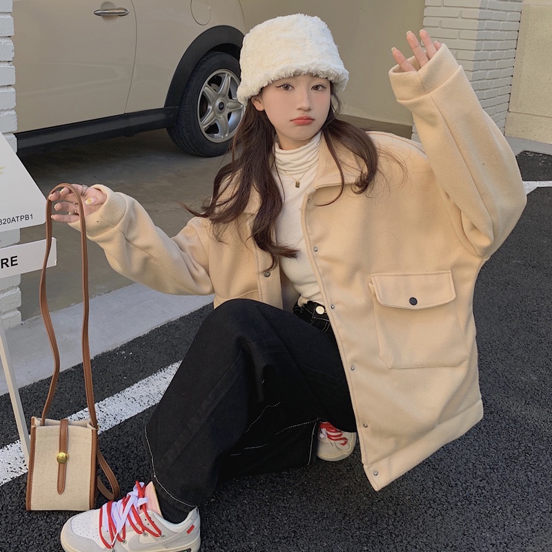 Áo khoác tay dài dáng rộng màu trơn dễ phối đồ thời trang phong cách Hàn Quốc