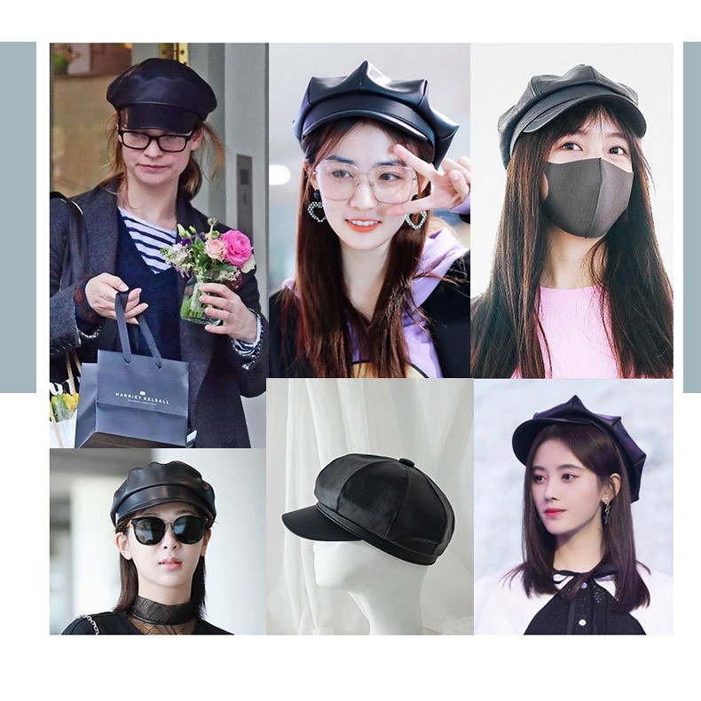 Mũ nồi da Baker Boy Nón beret da PU Bóng Cá tính Ulzzang Hàn Quốc Thủy thủ Thời trang