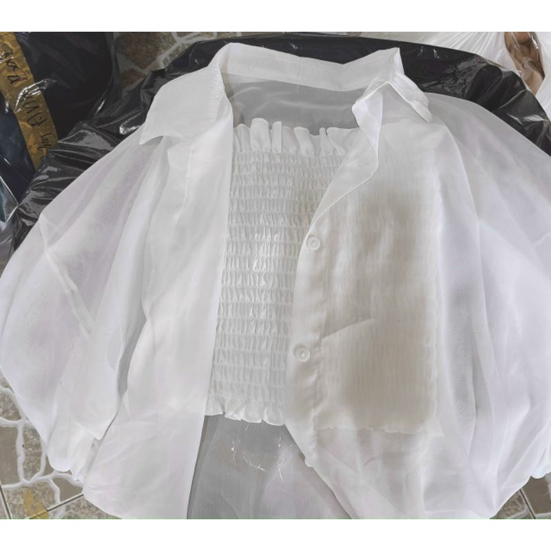 🍒🍒SÉT ÁO ỐNG NHÚN KÈM ÁO KHOÁT SƠ MI🍑