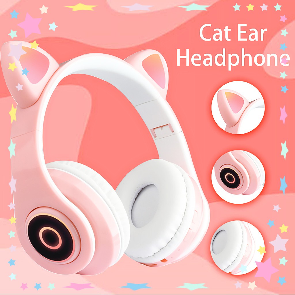 Tai Nghe Chụp Tai Bluetooth Không Dây Tai Mèo Đáng Yêu Có Đèn LED Âm Bass Mạnh Mẽ Và Dung Lượng Pin Khủng 400mAh BH 12 Tháng BEST