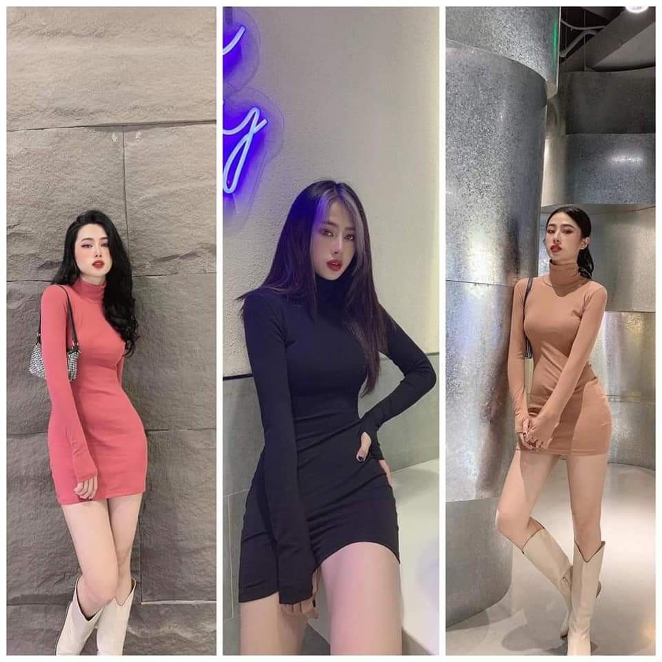 Đầm Body Thun Trơn Dài Tay Cổ Lọ