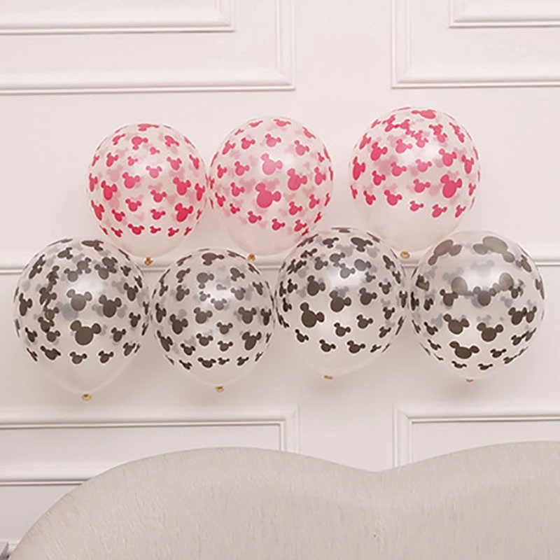 Set 10 bong bóng cao su hình đầu chuột mickey minnie màu đen đỏ trang trí tiệc sinh nhật cho bé
