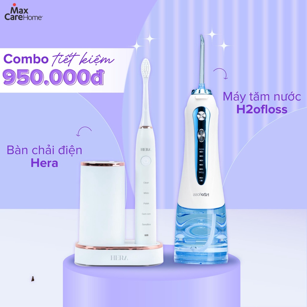 [COMBO GIẢM 950K] Máy tăm nước cầm tay H2ofloss HF-9P + Bàn chải điện sóng siêu âm Maxcare Hera Whitening