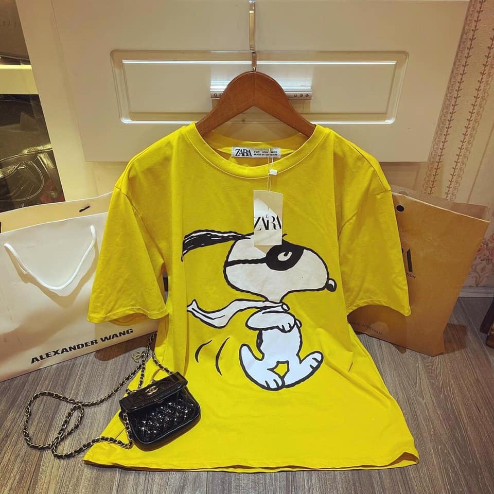 Áo thun nữ from rộng cotton in hình Snoppy màu vàng trend 2021