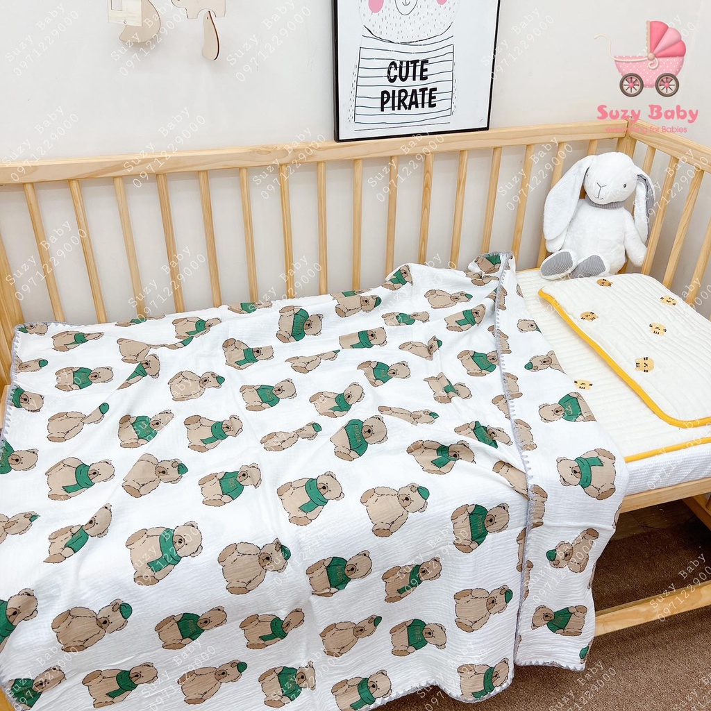 Chăn xô muslin 6 lớp thêu viền cho bé, Suzy baby