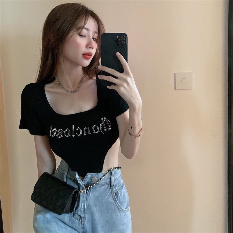 áo croptop khoét eo CATHANG8 tay ngắn đính đá sang chảnh