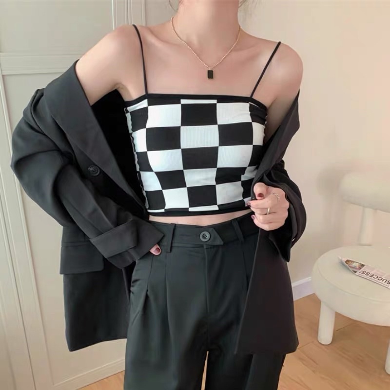 Áo hai dây bra caro croptop có đệm mút ngực hàng Quảng Châu đẹp