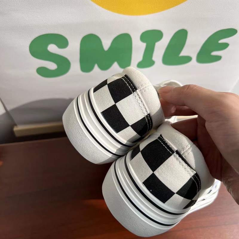 Giày lười thể thao RENBEN vải canvas đế dày hai lớp họa tiết kẻ sọc ca rô đen và trắng thời trang trẻ trung dành cho nữ