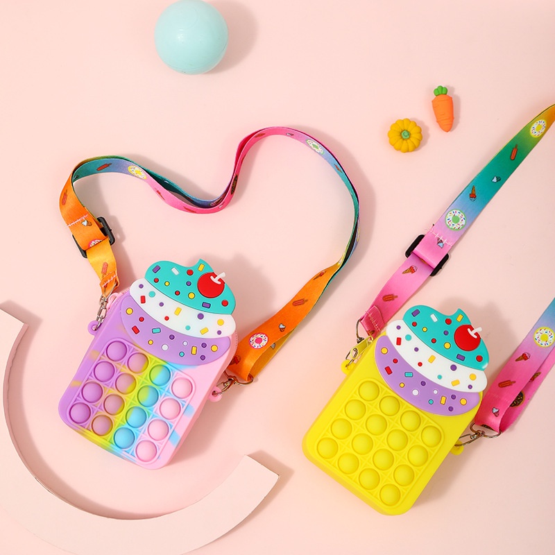 Pop it Fidget Túi đeo vai,Chất liệu silicone,thiết kế kem, Đồ chơi 2 trong 1 Push Bubble
