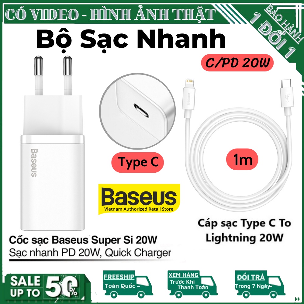 Bộ Sạc Nhanh Baseus Super Si 20w - Chân Cắm Type C Hỗ Trợ Cho Các Dòng Điện Thoại - Củ Chân Tròn, Cáp Sạc 1m -Chính Hãng